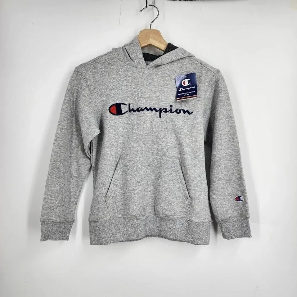 Champion Boys' Embroidered Signature Long Sleeve Hoodie in Heather Gray Sz S NWT